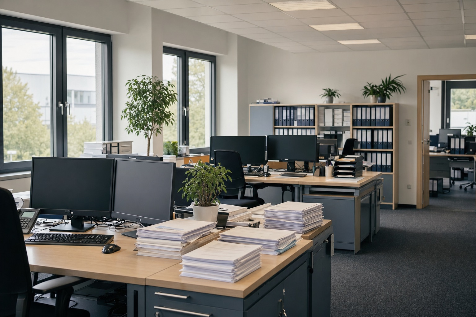 Backoffice eines deutschen Mittelständlers — Schreibtische mit Belegstapeln und Doppel-Monitoren
