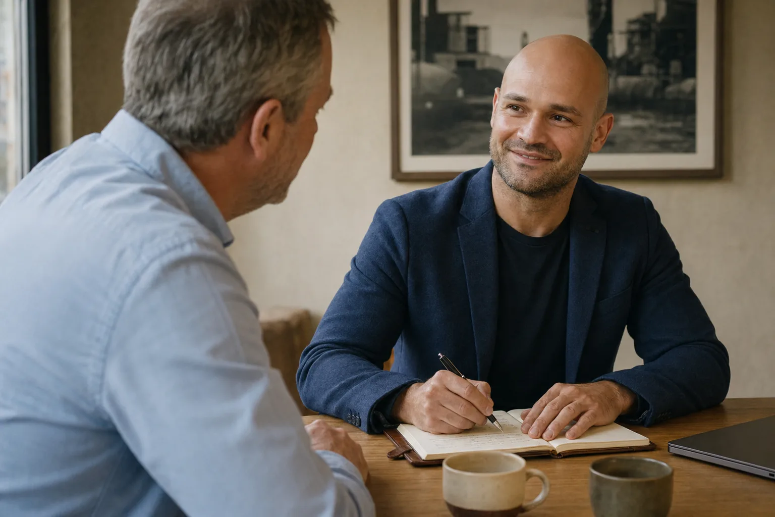 Felipe im Erstgespräch mit einem Geschäftsführer am Holztisch
